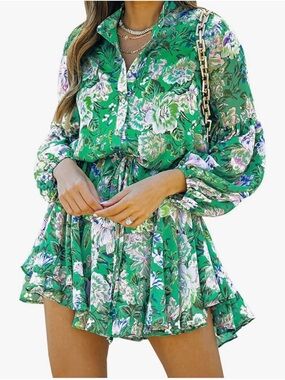 Clarisbelle Green Floral Tiered Long Sleeve Shirt Dress XL Boho Cotton Cottage